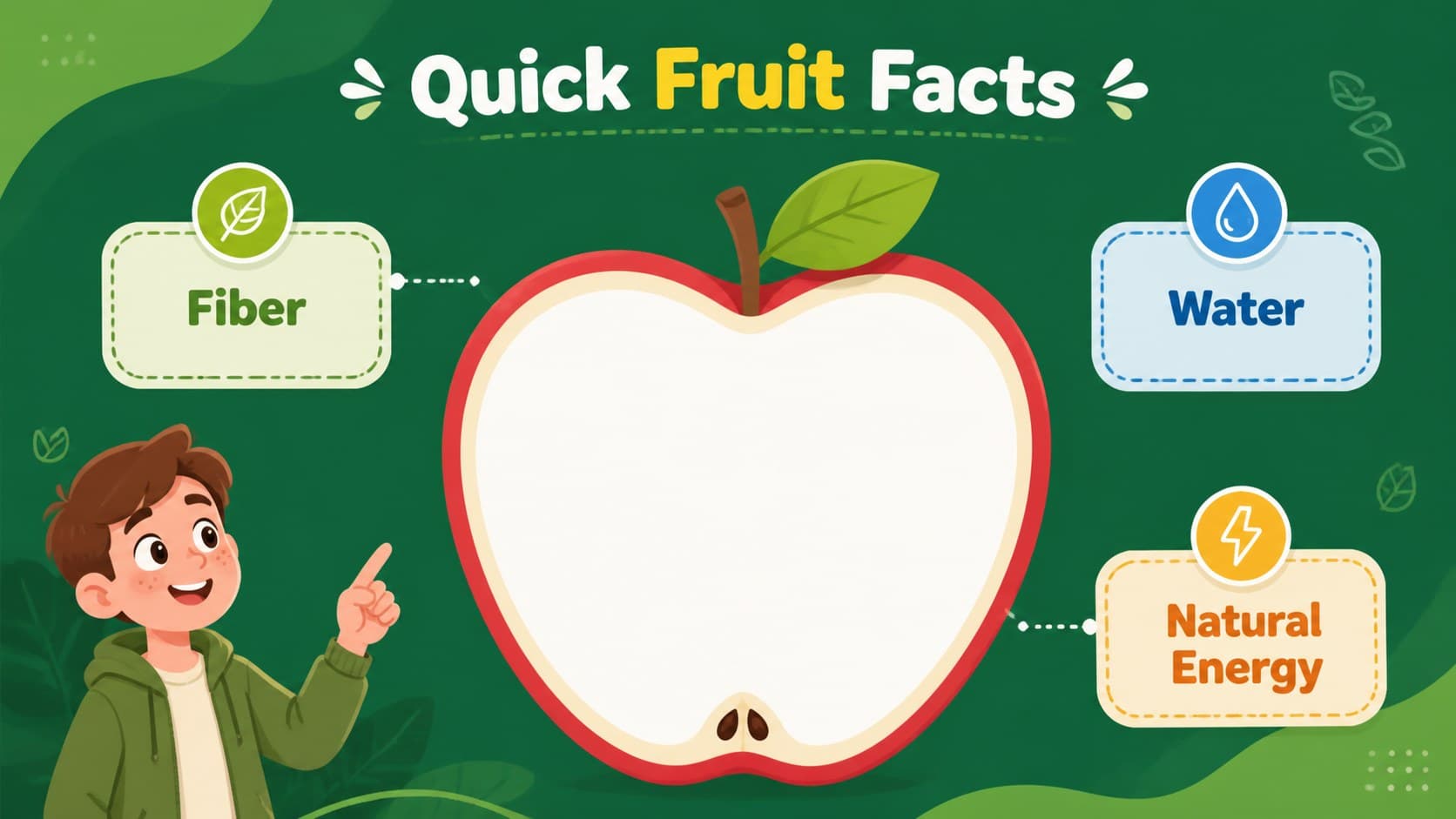 Fruit facts slide with illustrated produce and simple nutrition information for children.