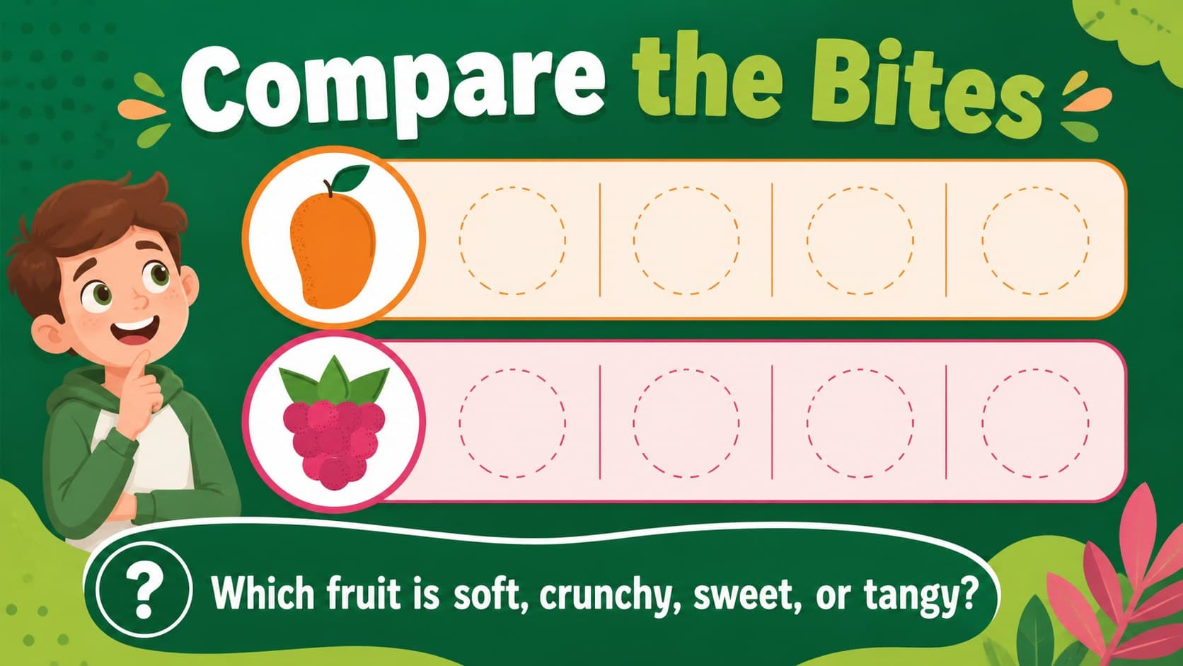 Fruit comparison activity slide for teaching texture, taste, and food variety.