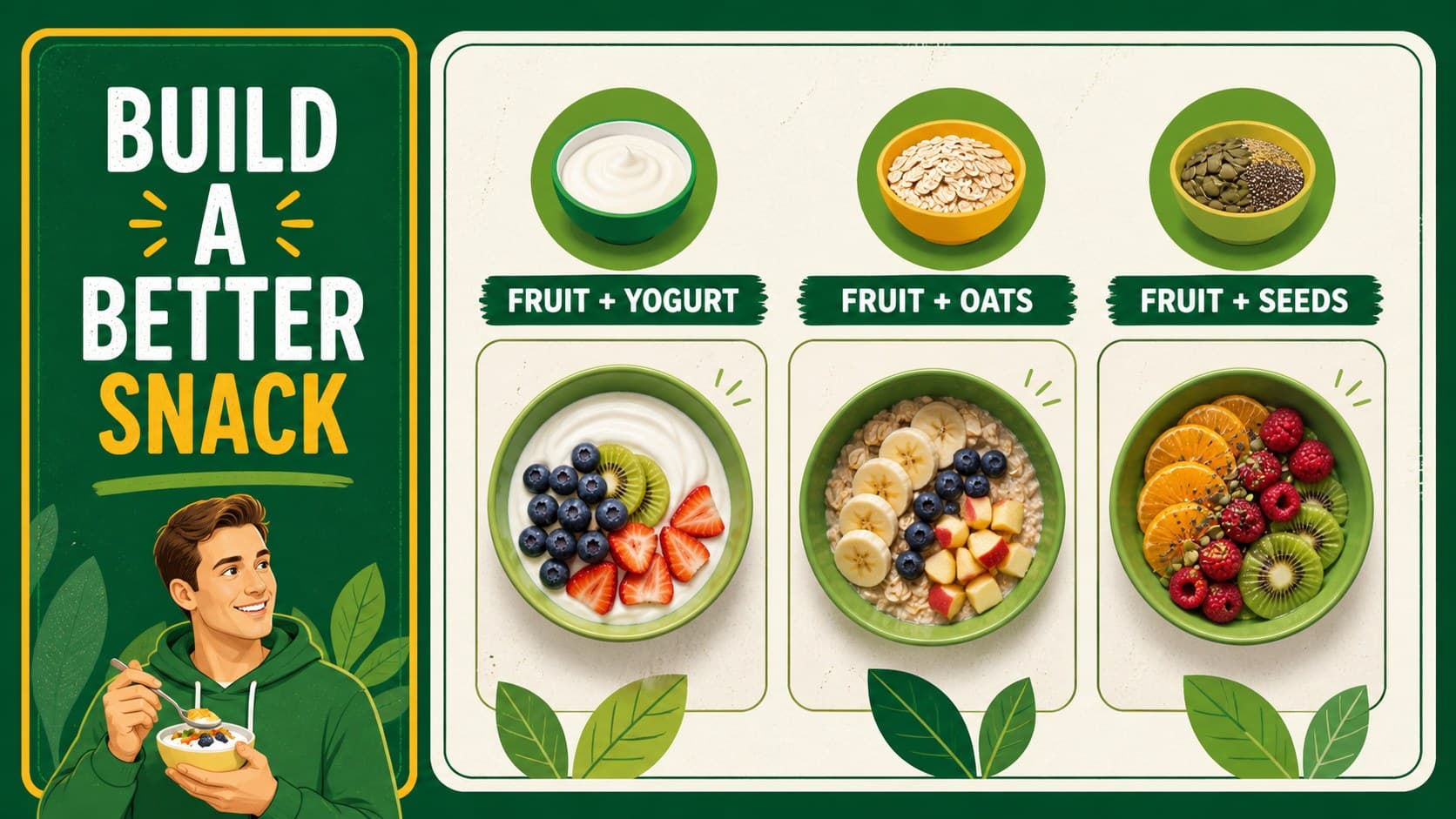 Healthy snack builder slide showing fruit combinations for a classroom nutrition activity.