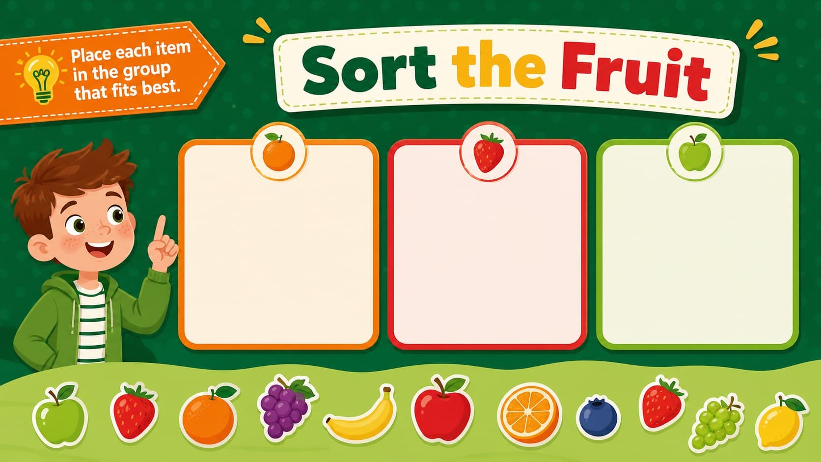 Fruit sorting game slide for an interactive healthy eating classroom lesson.