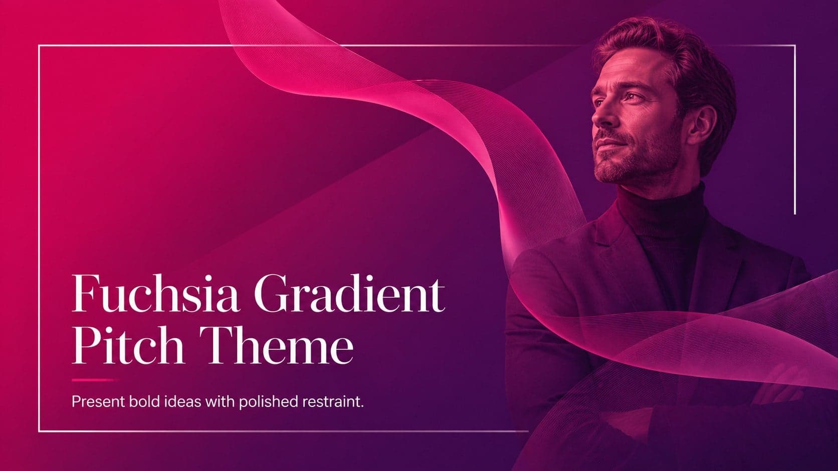 Cover of the Fuchsia Gradient Pitch Theme with elegant serif lettering, a vivid pink-purple background, and crisp white framing.