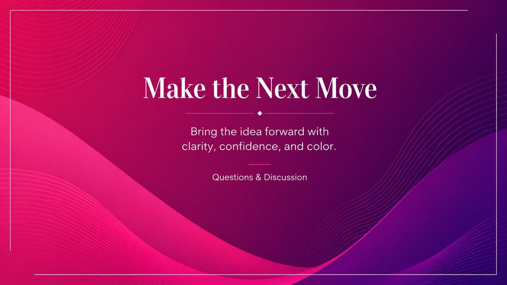 Closing slide from a luxury pink business presentation with an elegant call to action and sweeping fuchsia-purple color fields.