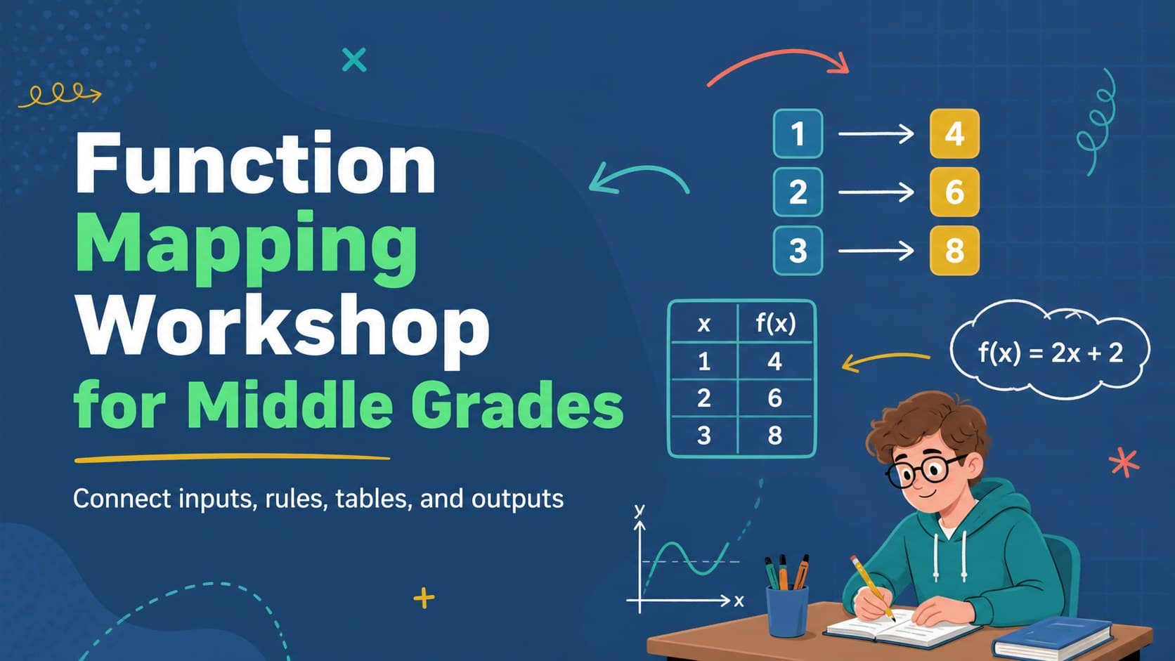Blue doodle cover slide introducing a function mapping workshop for middle grades.
