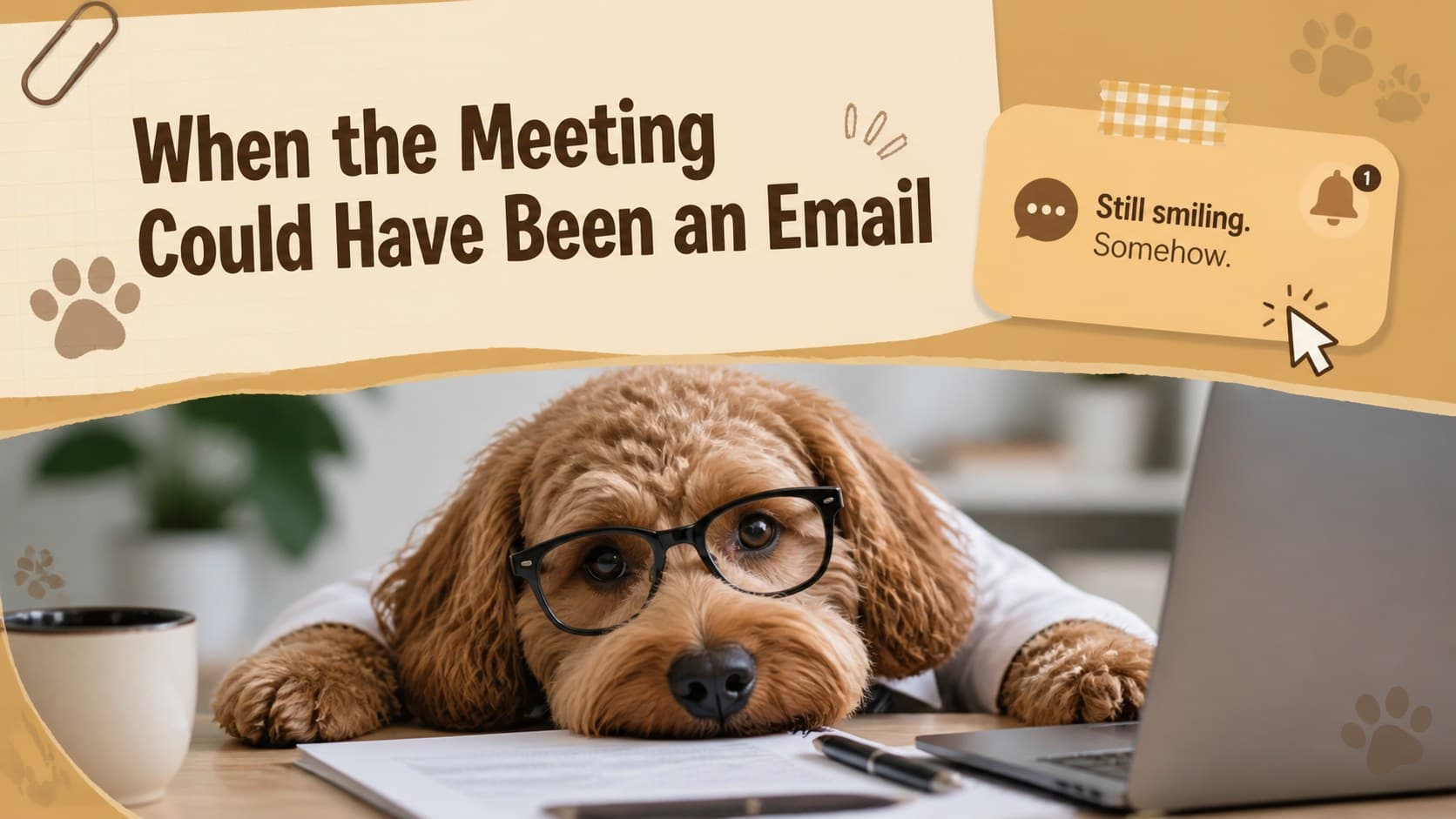 Funny dog reaction presentation template slide about a meeting that could have been an email.