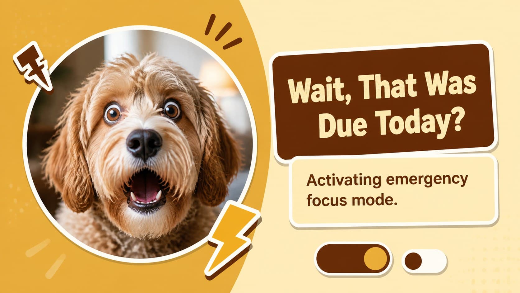 Editable puppy caption slide showing a surprised pet reaction to an unexpected update.