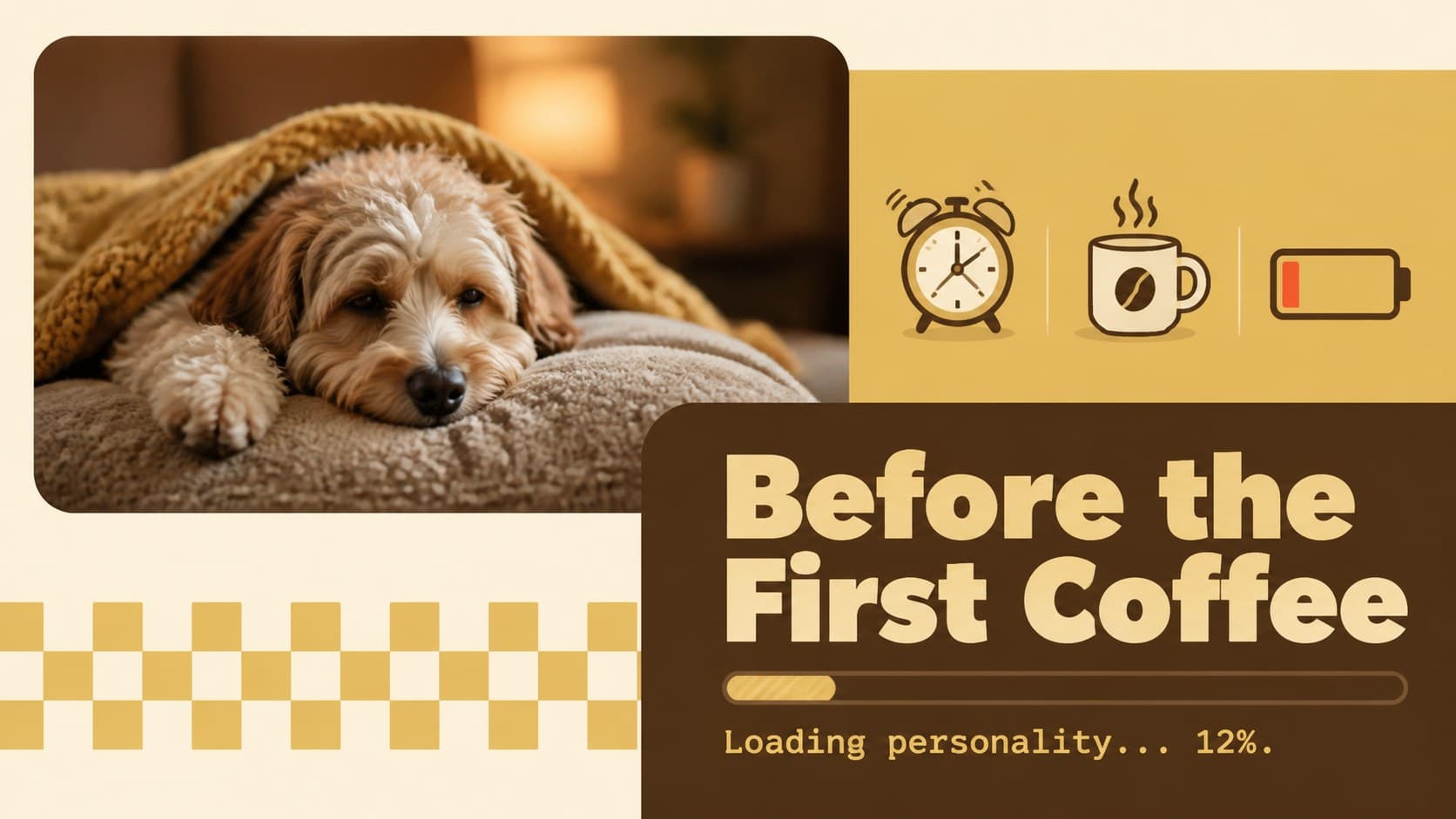 Yellow brown meme presentation slide showing a sleepy puppy reacting to an early morning.