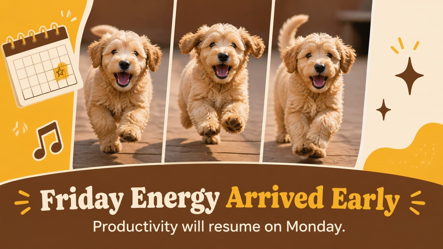 Cute dog joke PowerPoint deck slide featuring an excited puppy ready for the weekend.
