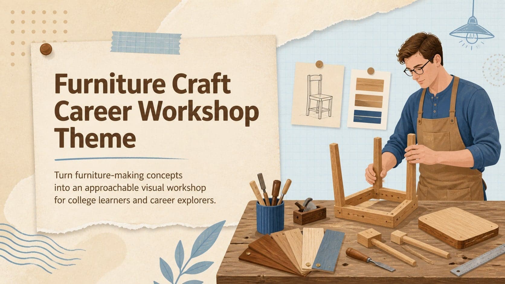 Cover for a furniture craft career workshop with illustrated woodworking tools and a warm beige, brown, and blue palette.