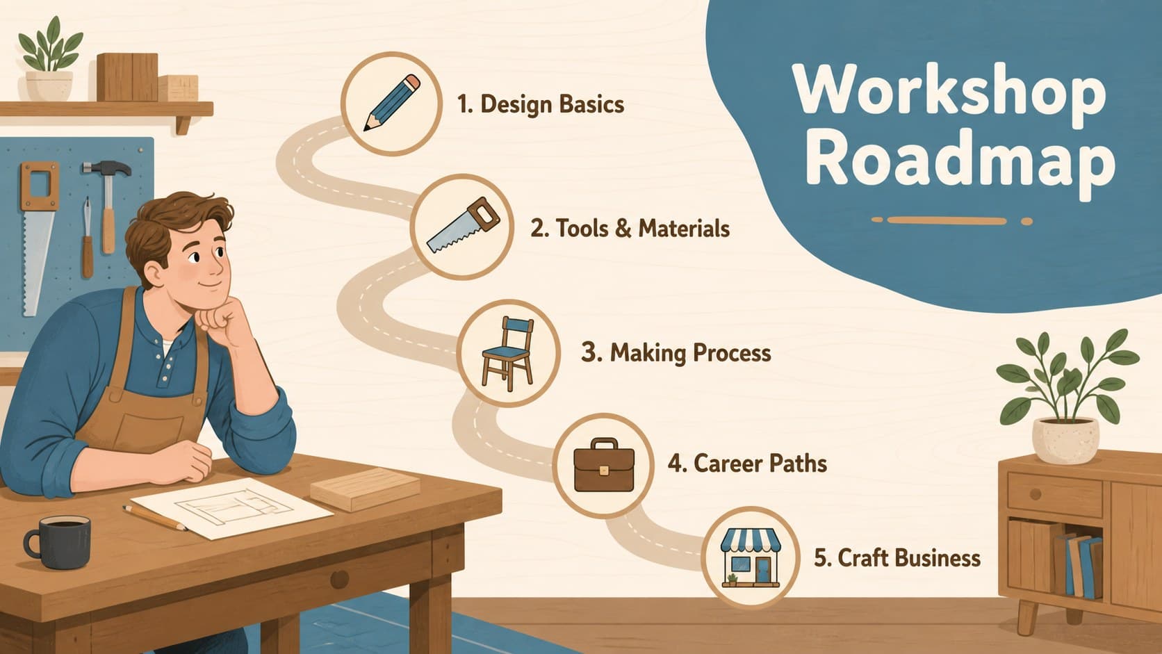 Workshop roadmap slide outlining furniture design, tools, production, careers, and business topics.