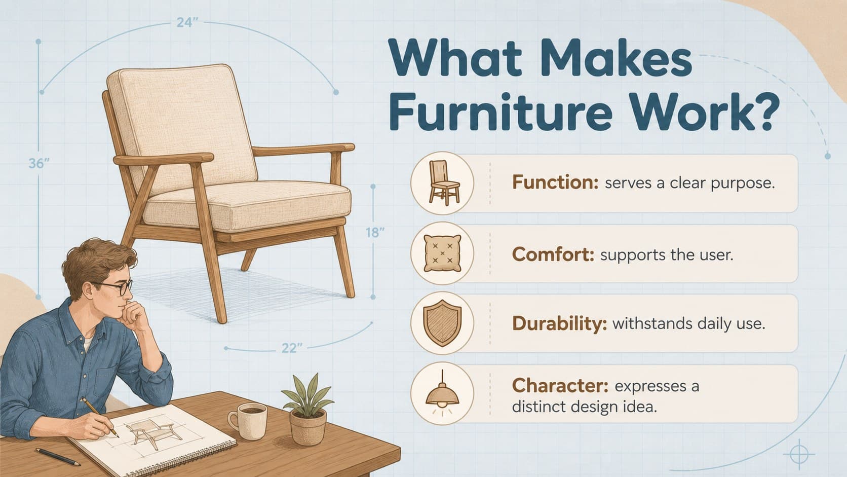 Furniture design lesson slide presenting the balance of function, comfort, durability, and character.