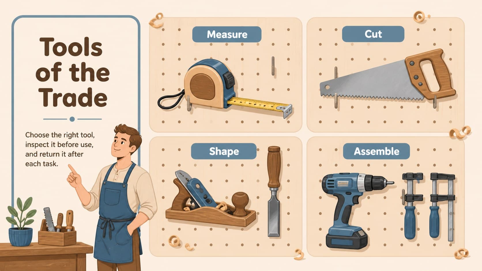 Illustrated woodworking tools slide grouping measuring, cutting, shaping, and assembly equipment.