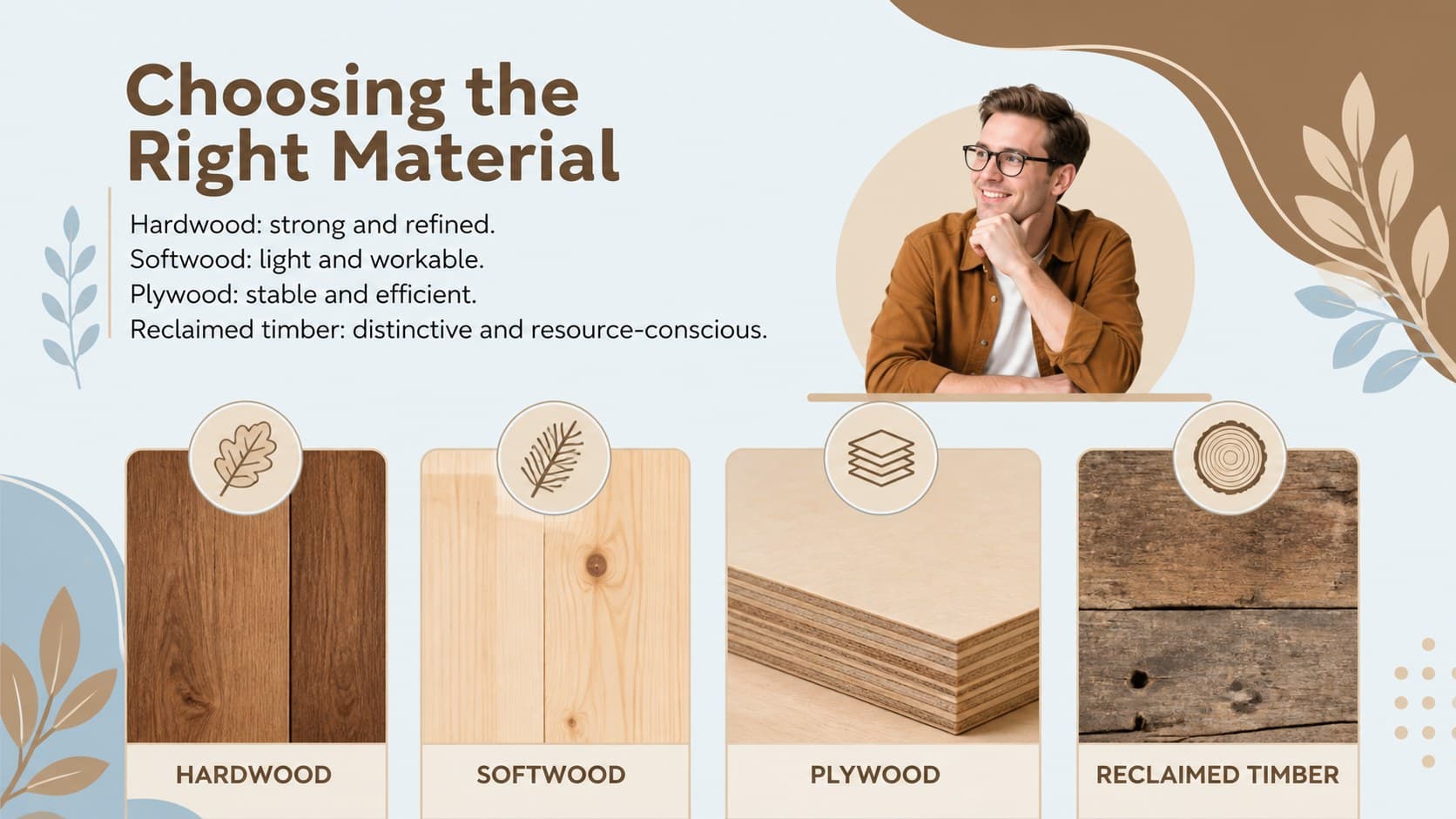 Furniture materials comparison slide showing hardwood, softwood, plywood, and reclaimed timber.