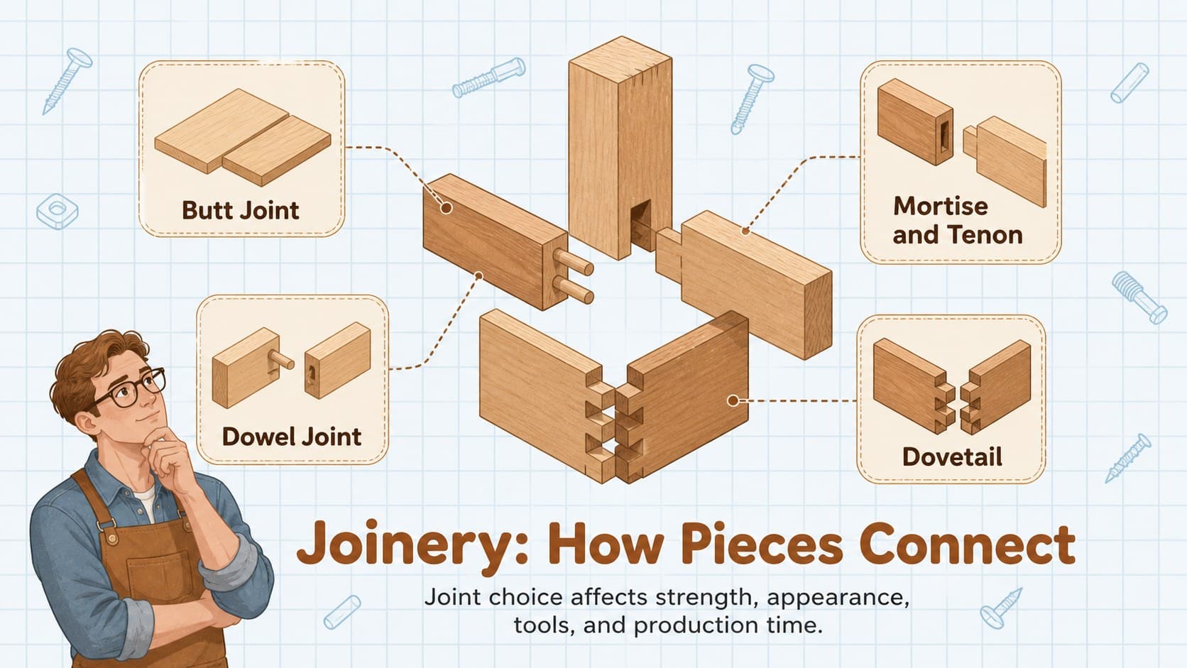 Joinery skills presentation slide illustrating butt, dowel, mortise-and-tenon, and dovetail joints.