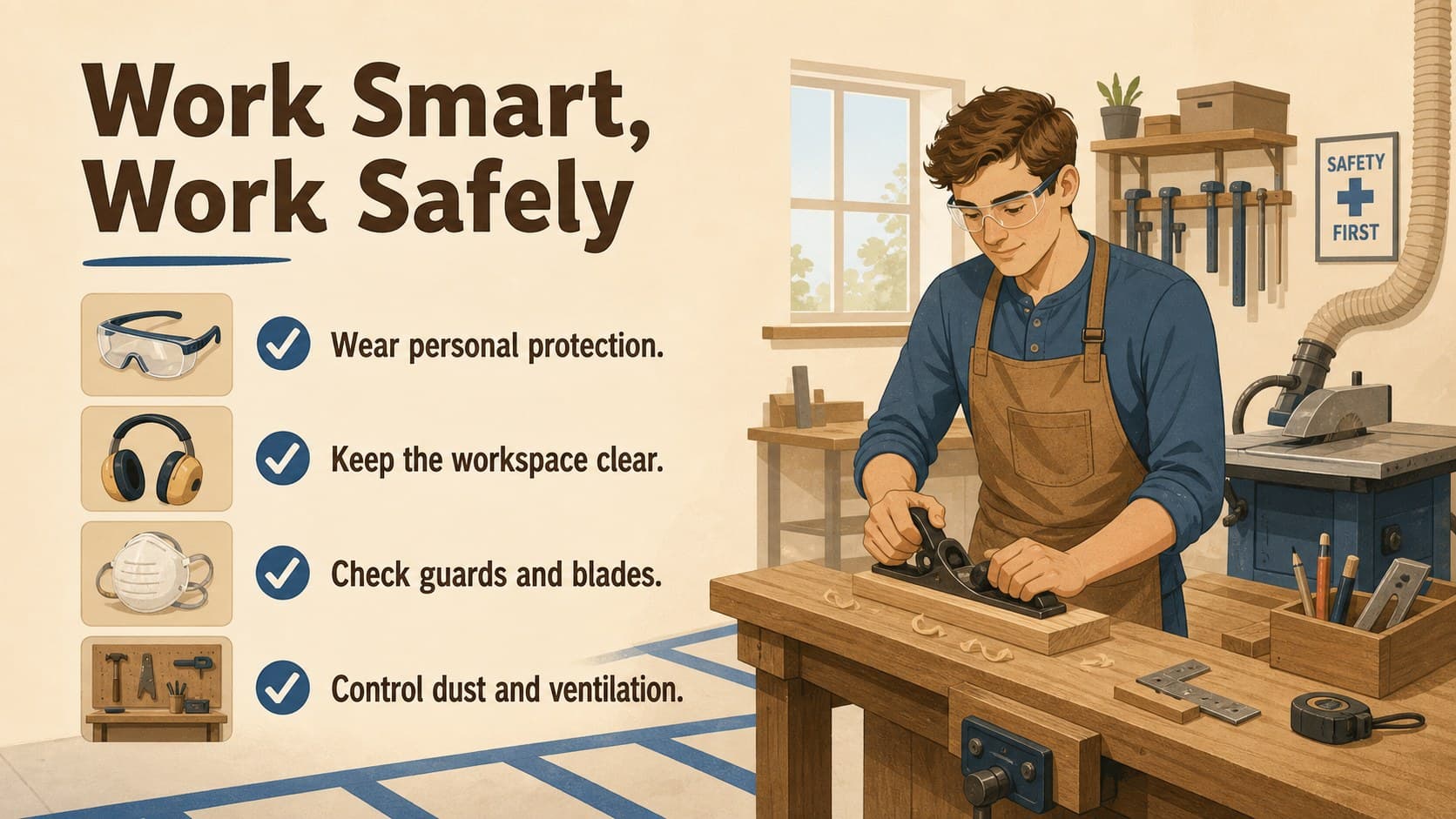 Woodshop safety lesson slide with personal protection, workspace, tool, and dust-control guidance.