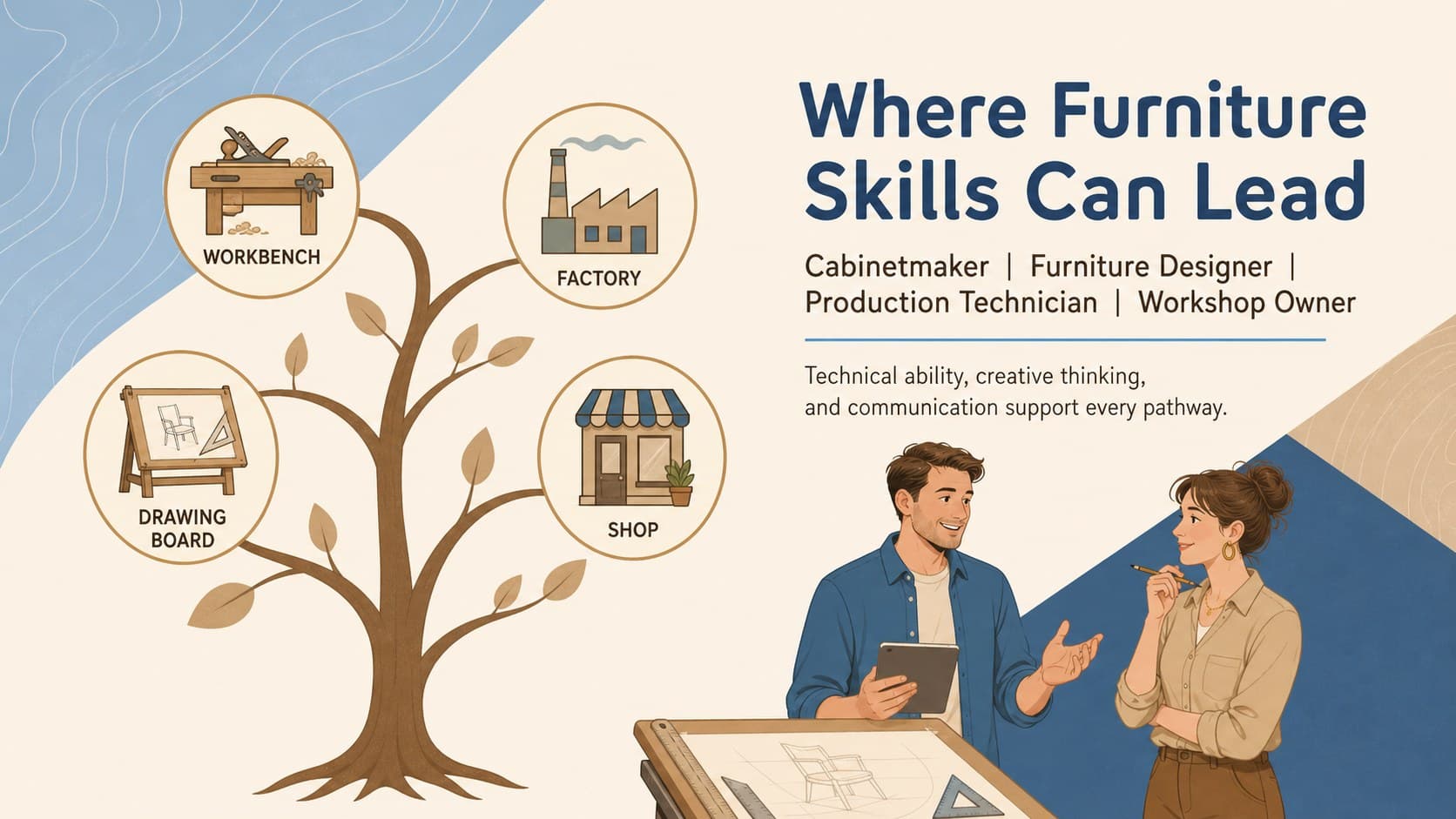 Furniture career pathways slide featuring roles in making, design, production, and entrepreneurship.
