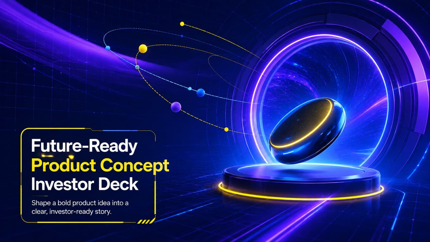 Cover for a future-ready product concept investor deck with electric blue, yellow, and violet futuristic graphics.