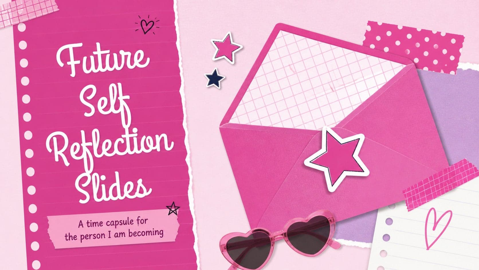 Pink collage cover slide introducing a future self reflection slides presentation with a personal time capsule theme.