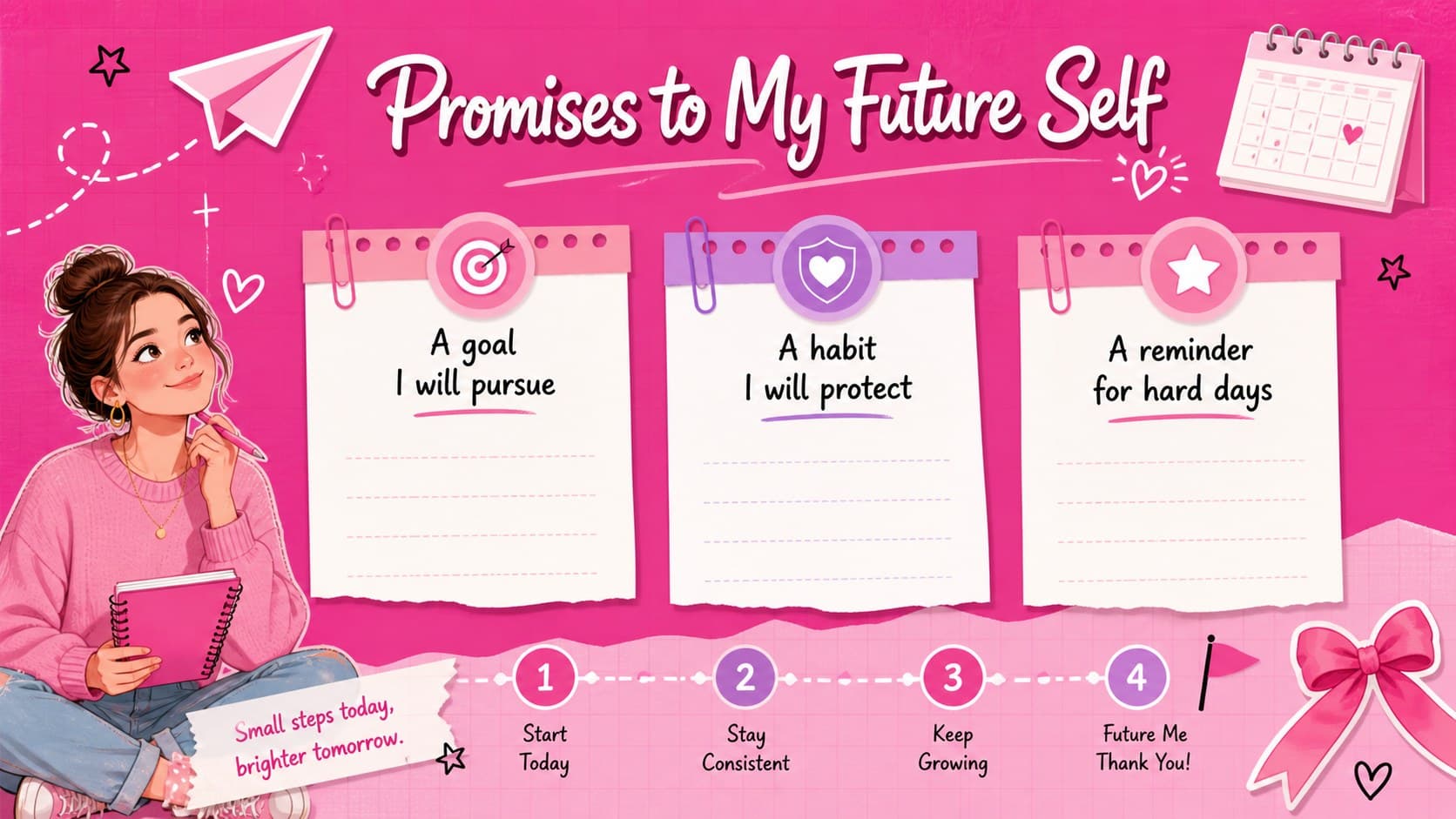 Goal-setting slide with pink collage notes for future hopes, promises, and personal milestones.