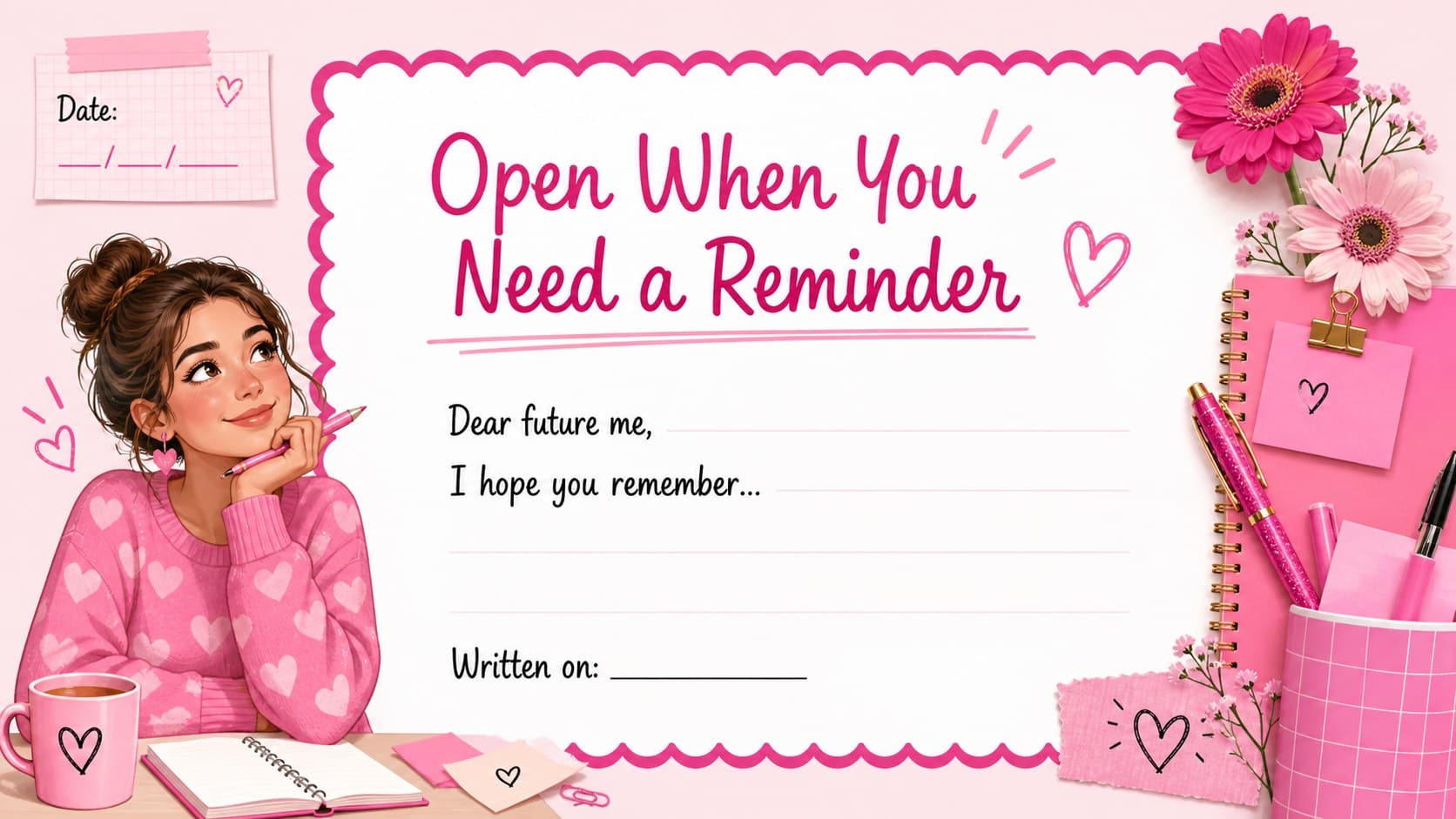 Closing reflection slide inviting a future message in a soft pink personal journaling presentation.