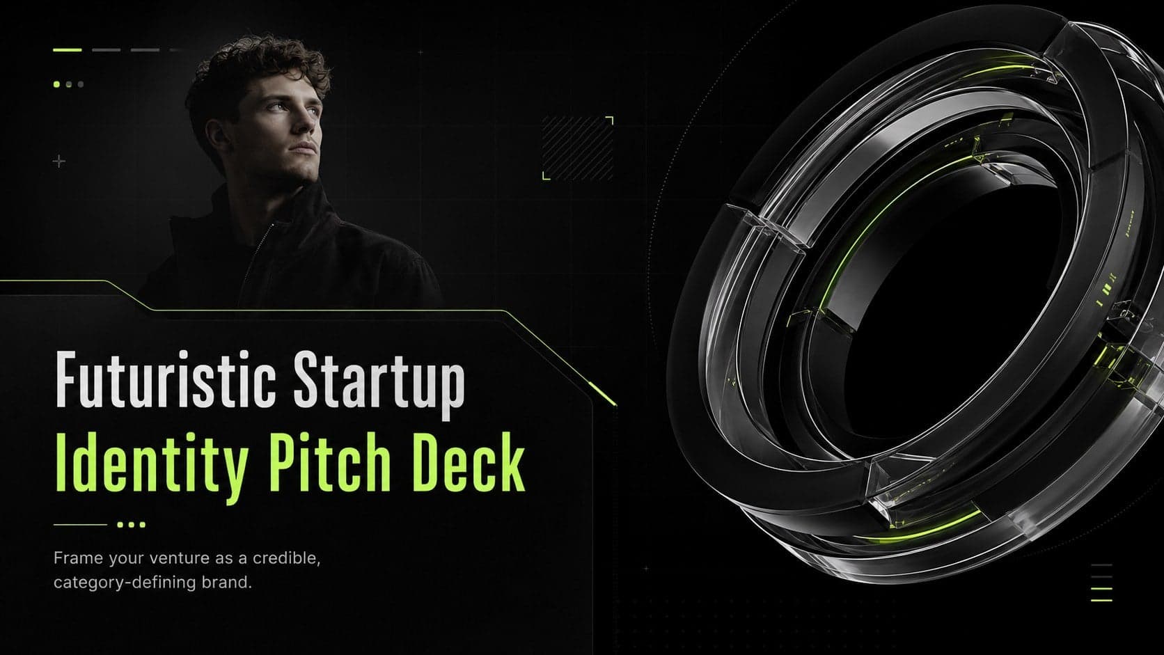 Cover of a futuristic startup identity pitch deck with black 3D technology graphics and luminous accents.
