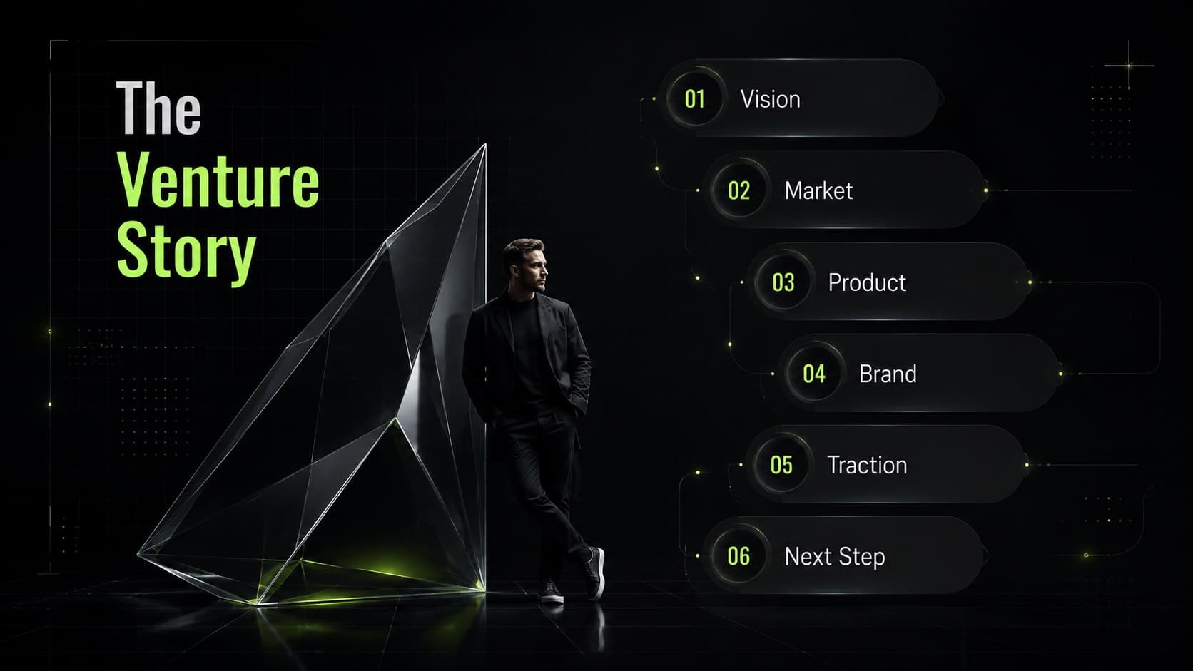 Startup investor pitch agenda arranged beside abstract neon 3D forms on a black background.