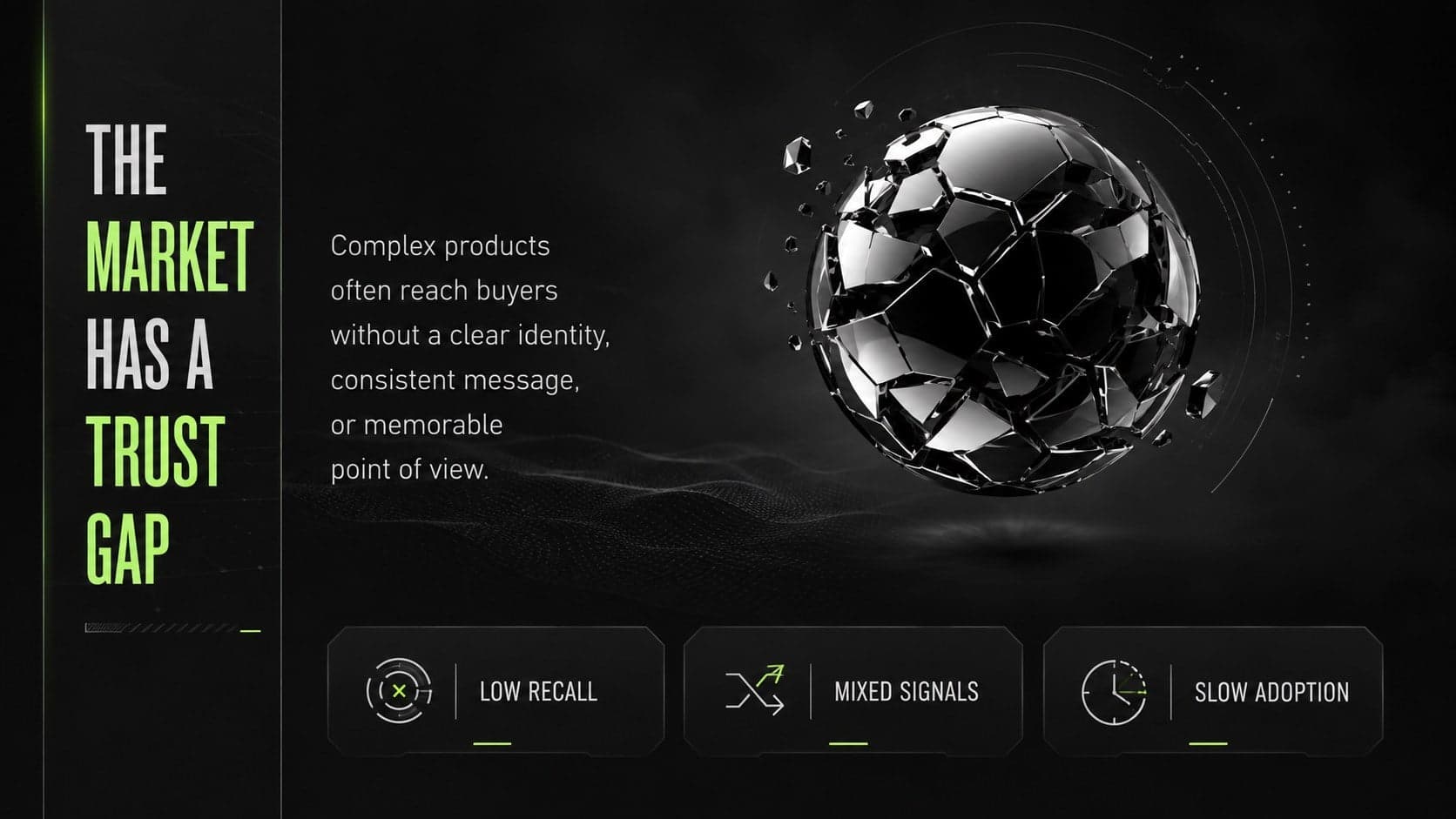 Dark startup brand strategy slide presenting a concise market problem with a glowing 3D focal object.