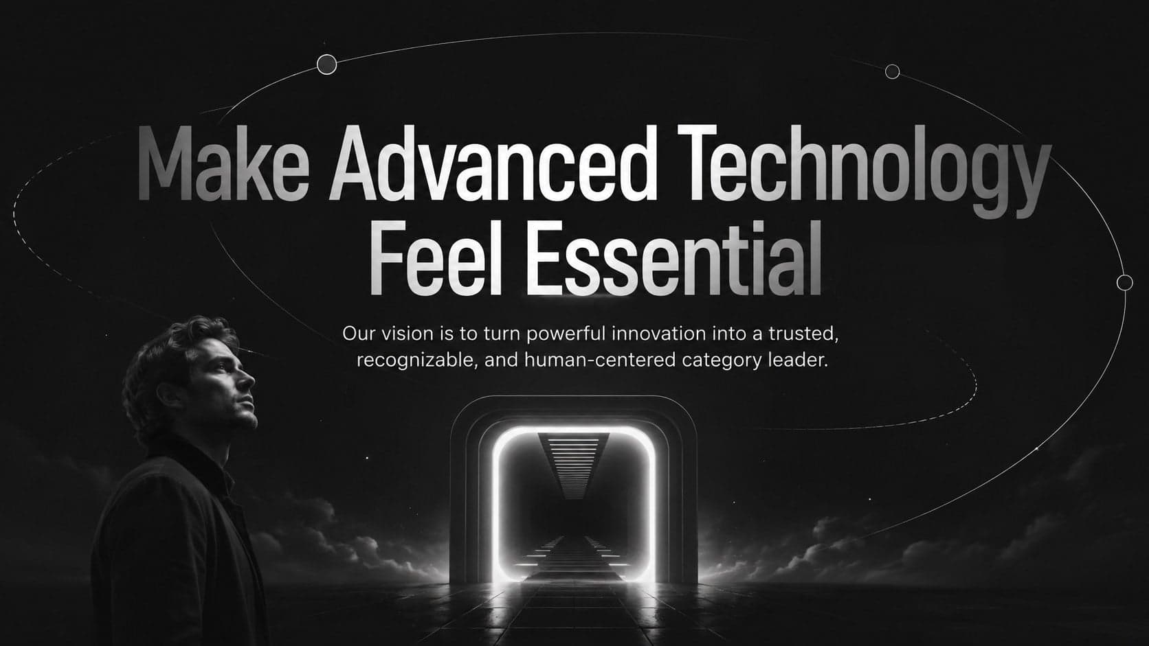 Futuristic company vision slide featuring bold typography and a luminous 3D gateway.