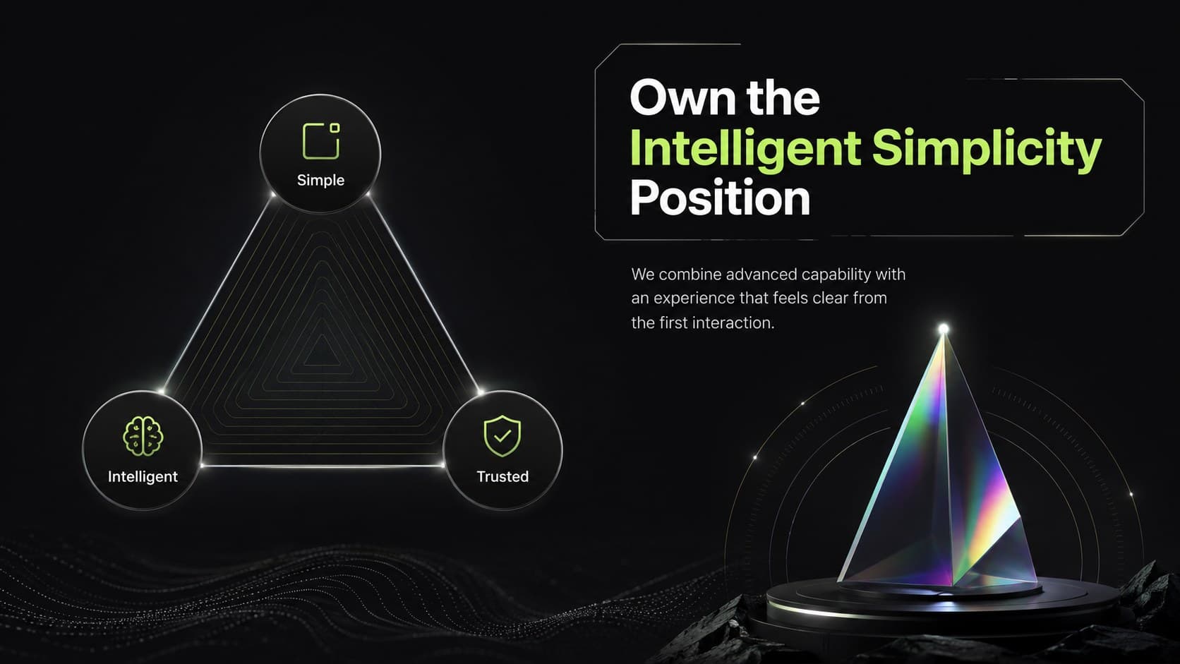 Futuristic startup positioning slide comparing simplicity, intelligence, and trust.