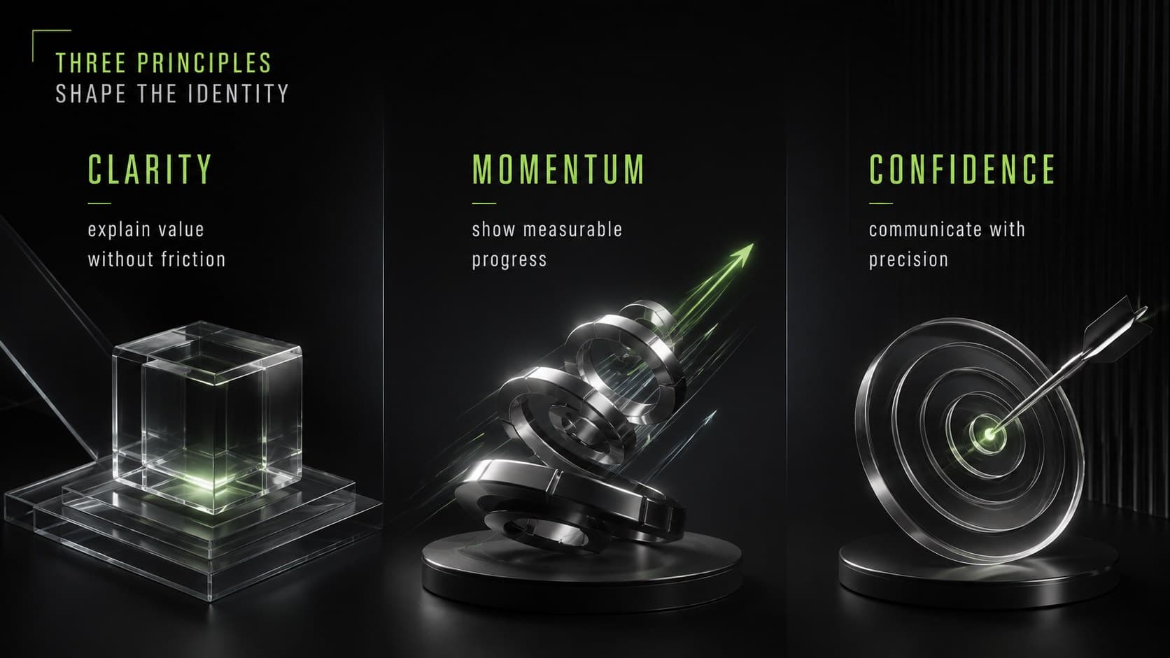 Startup visual identity presentation slide outlining clarity, momentum, and confidence as brand pillars.