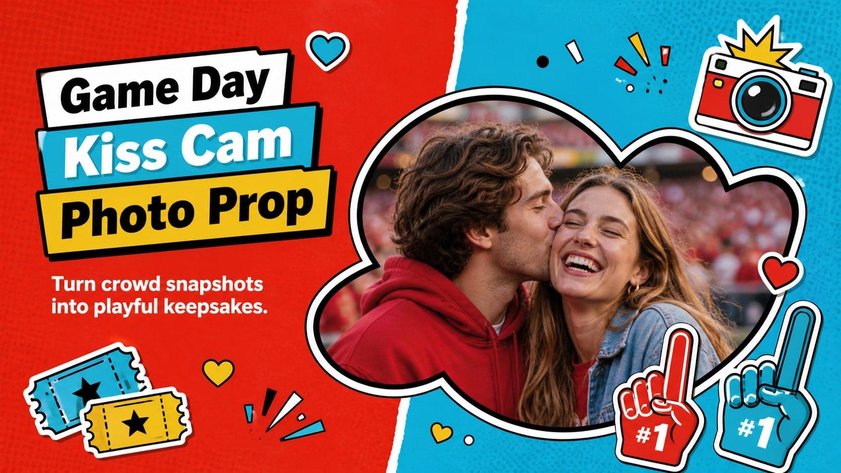Colorful Game Day Kiss Cam Photo Prop cover with a bold central photo opening and playful sports-event decorations.