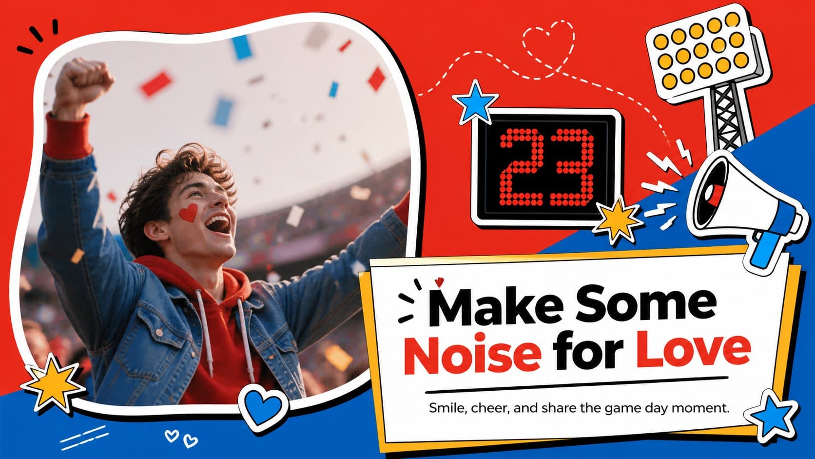 Illustrated kiss cam screen graphic with a crowd prompt, heart accents, and a wide space for an event photo.