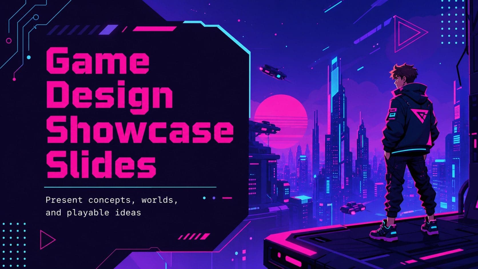 Cover slide for a game design showcase slides deck with a neon illustrated gaming world.