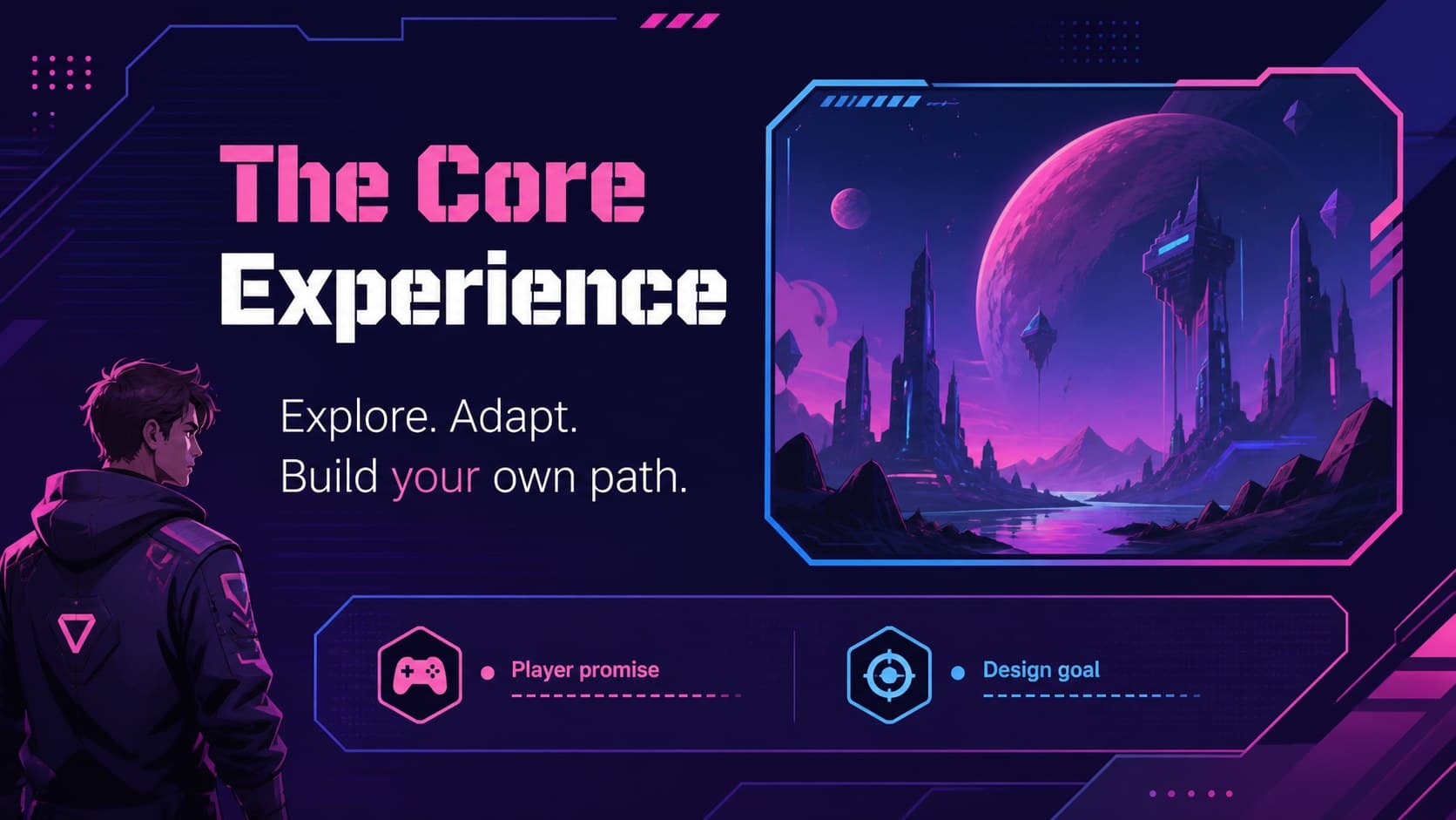 Game concept slide showing the central idea and player experience for a gaming project presentation template.