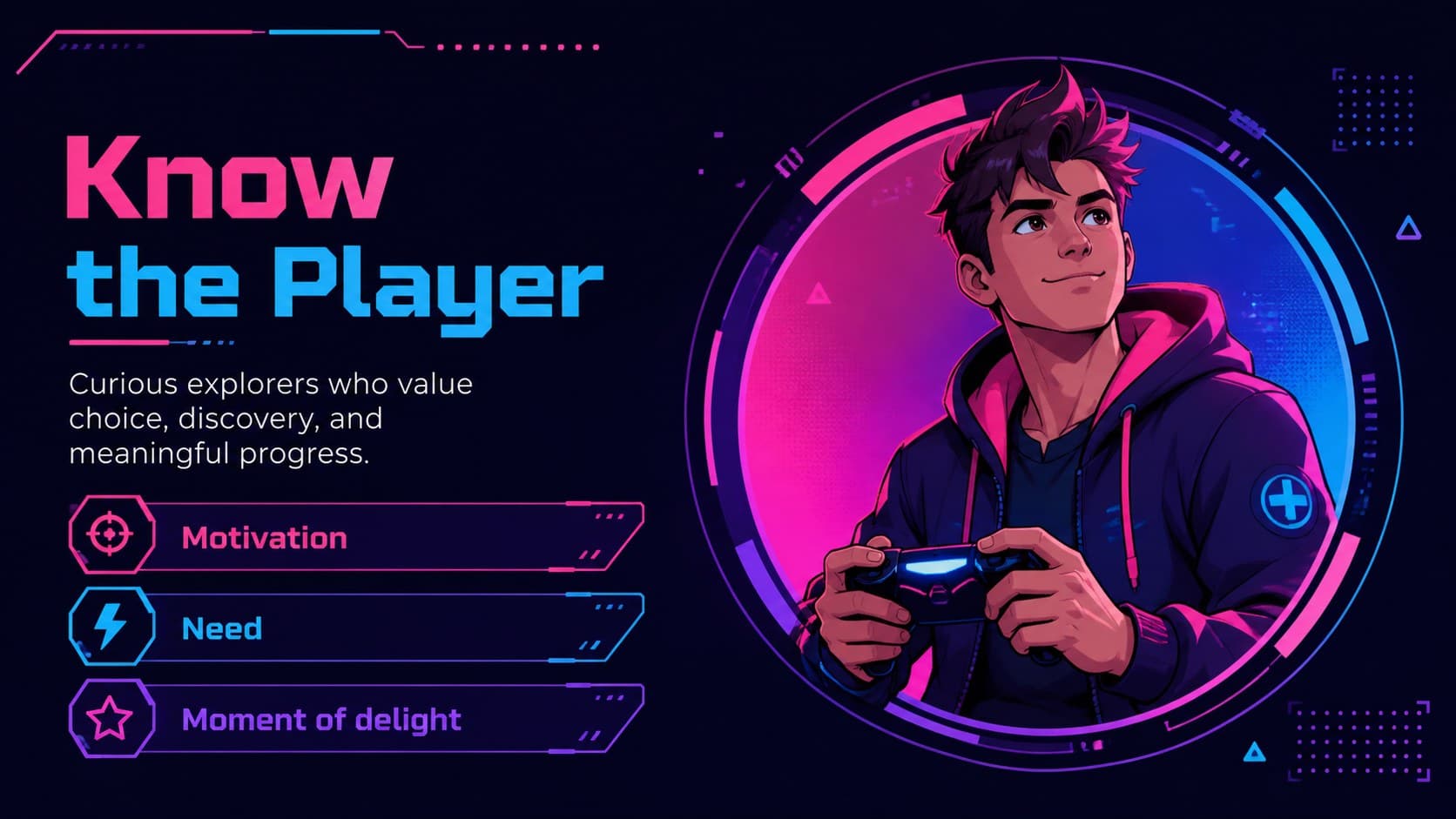 Player profile slide outlining audience motivations in a video game concept slides layout.
