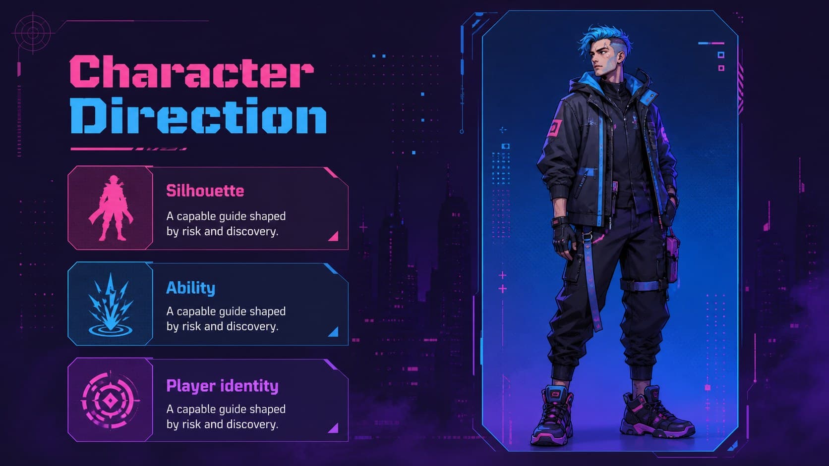 Character concept slide featuring an original illustrated hero for a game design portfolio presentation.