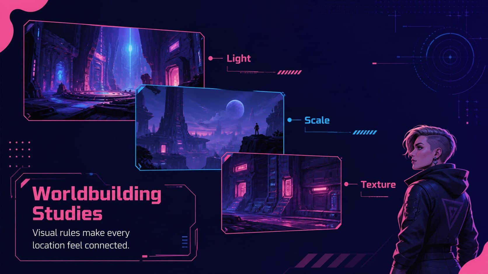 Environment study slide showing visual direction for a futuristic gaming project presentation template.
