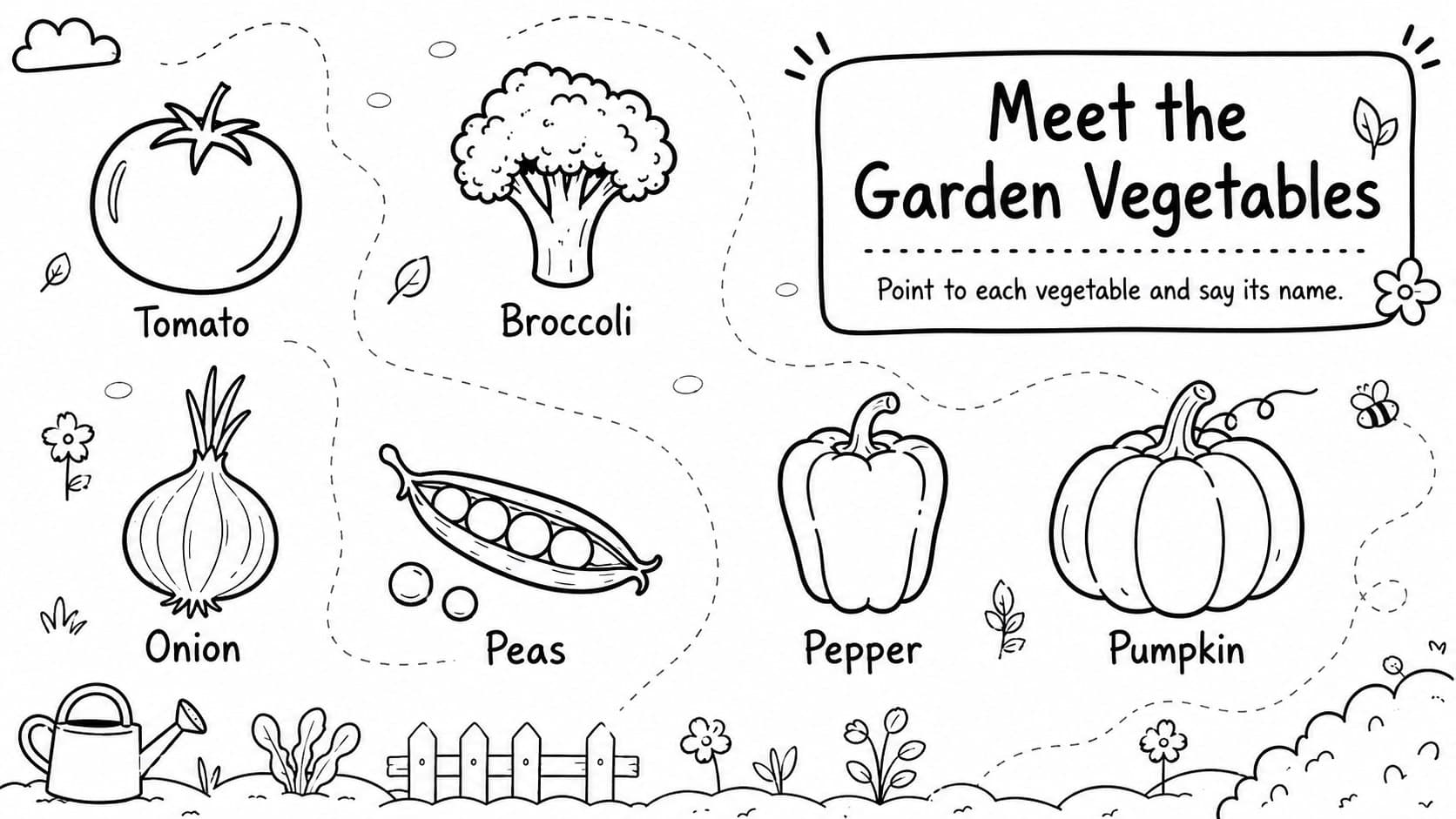 Vegetable recognition worksheet featuring black-and-white garden produce illustrations for young learners.