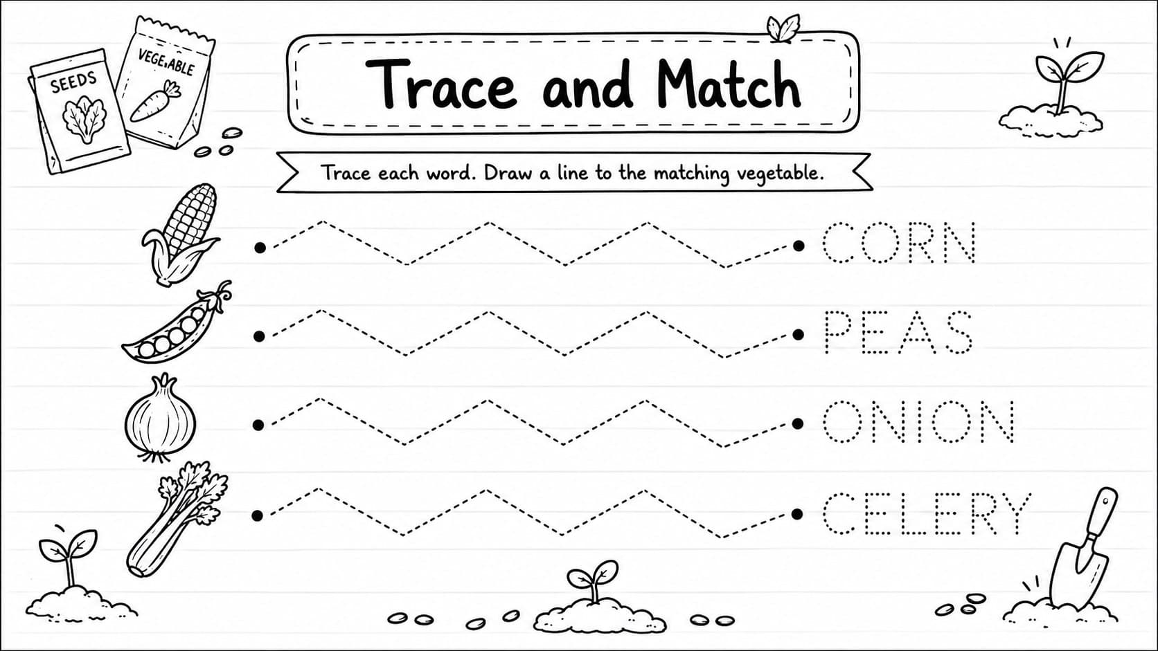 Editable veggie worksheet for kids with tracing words and matching vegetable pictures.