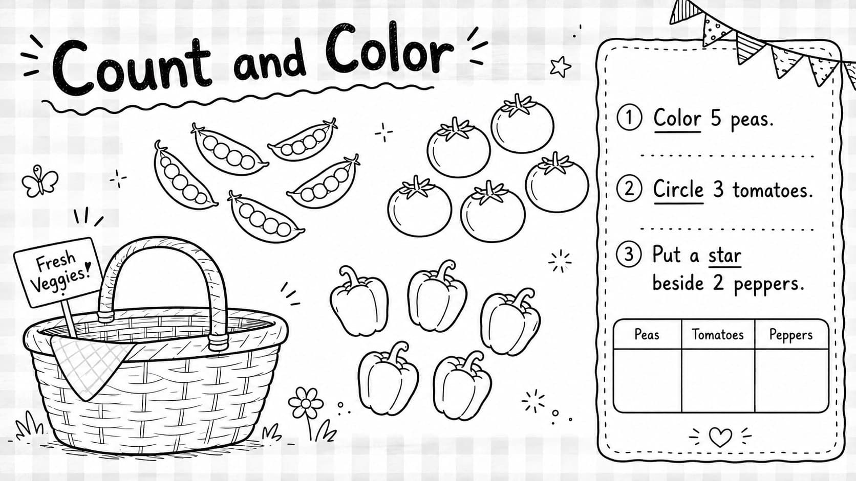 Healthy eating classroom activity asking children to count and color illustrated vegetables.