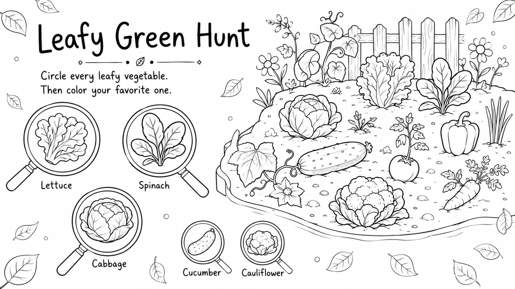 Garden vegetables coloring page with a leafy green observation and circling activity.