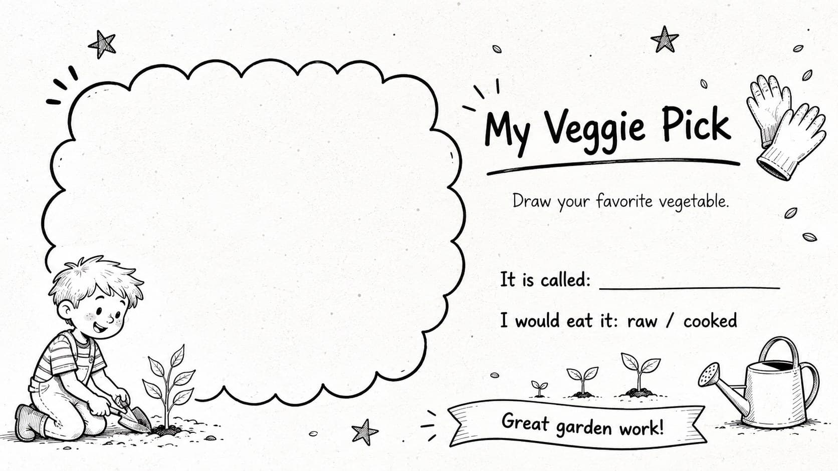 Printable vegetable coloring worksheet with space for children to draw and describe a favorite veggie.