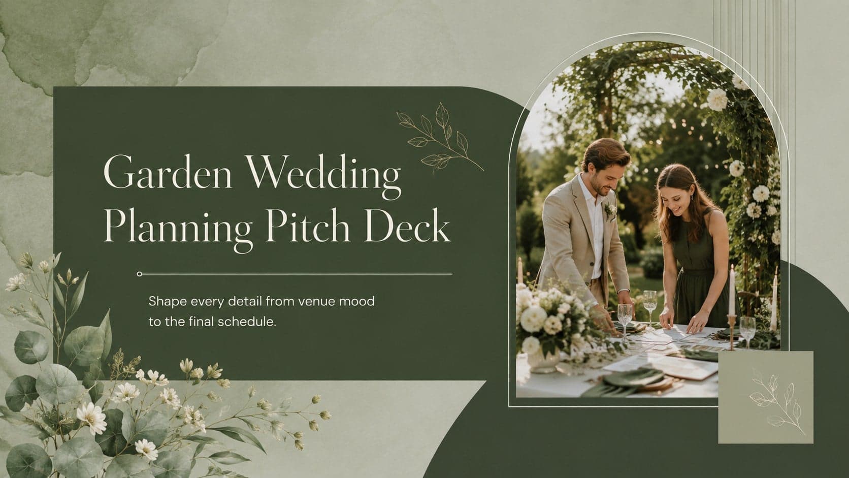 Cover of a Garden Wedding Planning Pitch Deck with elegant greenery and refined outdoor wedding styling.