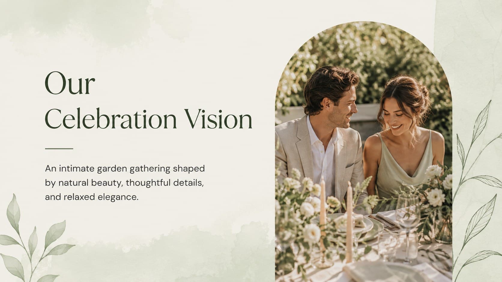 Elegant garden wedding presentation slide outlining a warm and intimate celebration vision.