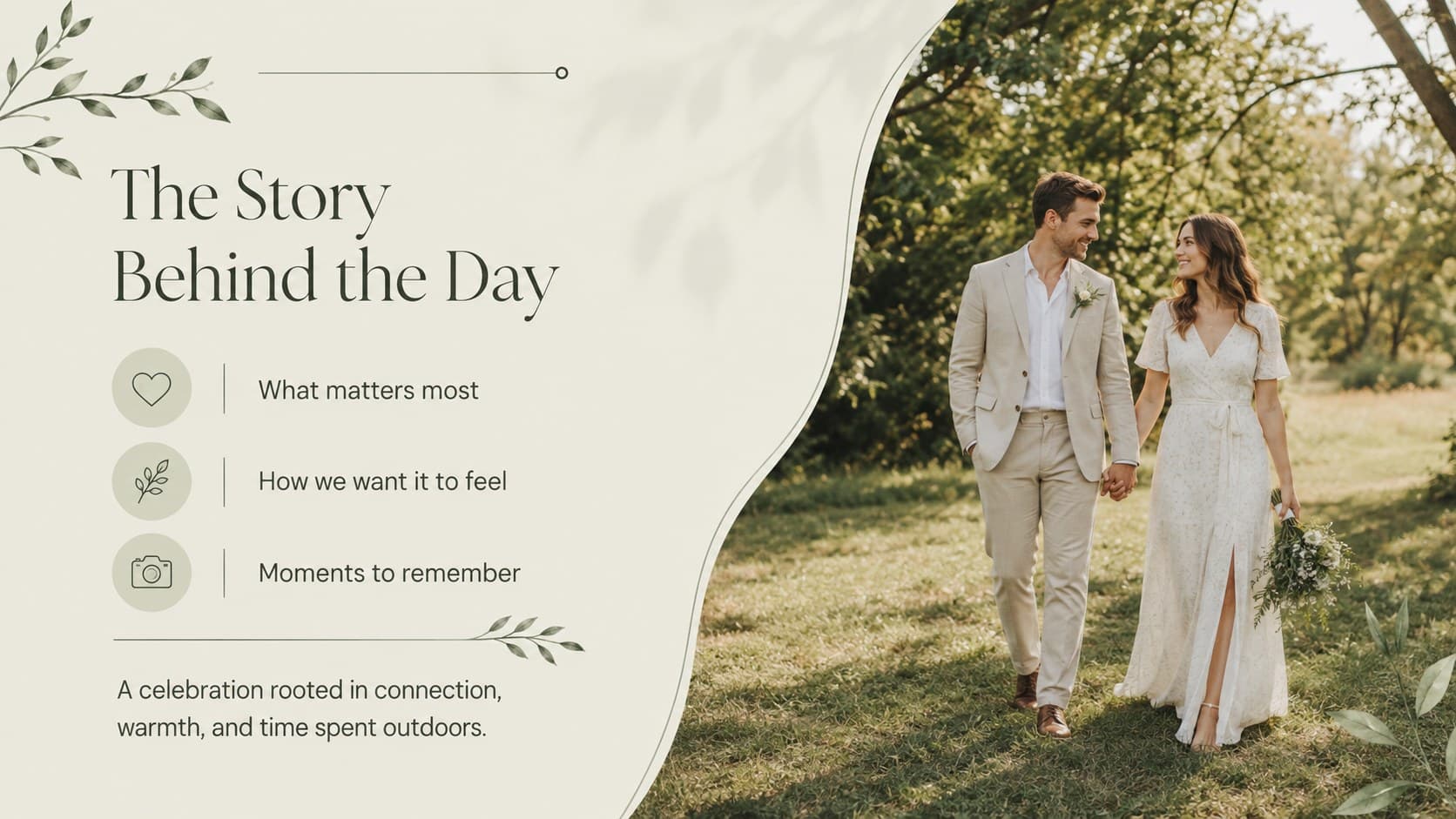 Wedding planner client pitch deck slide presenting the couple's story and shared priorities.