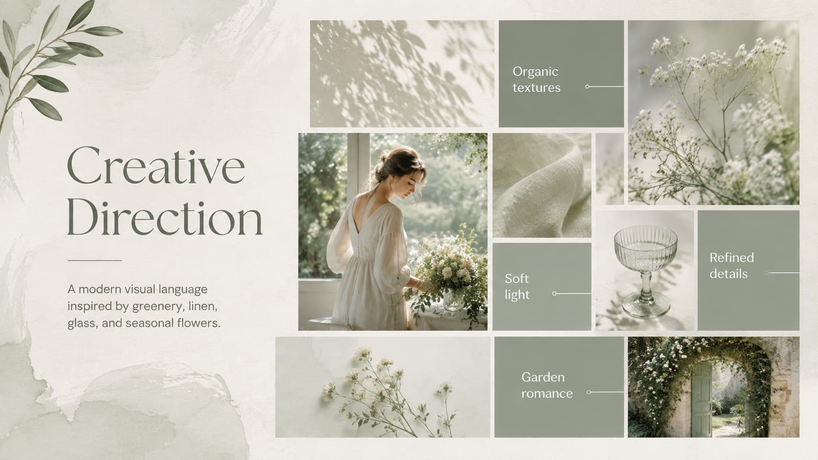 Modern garden ceremony presentation mood board with botanical textures and elegant styling references.