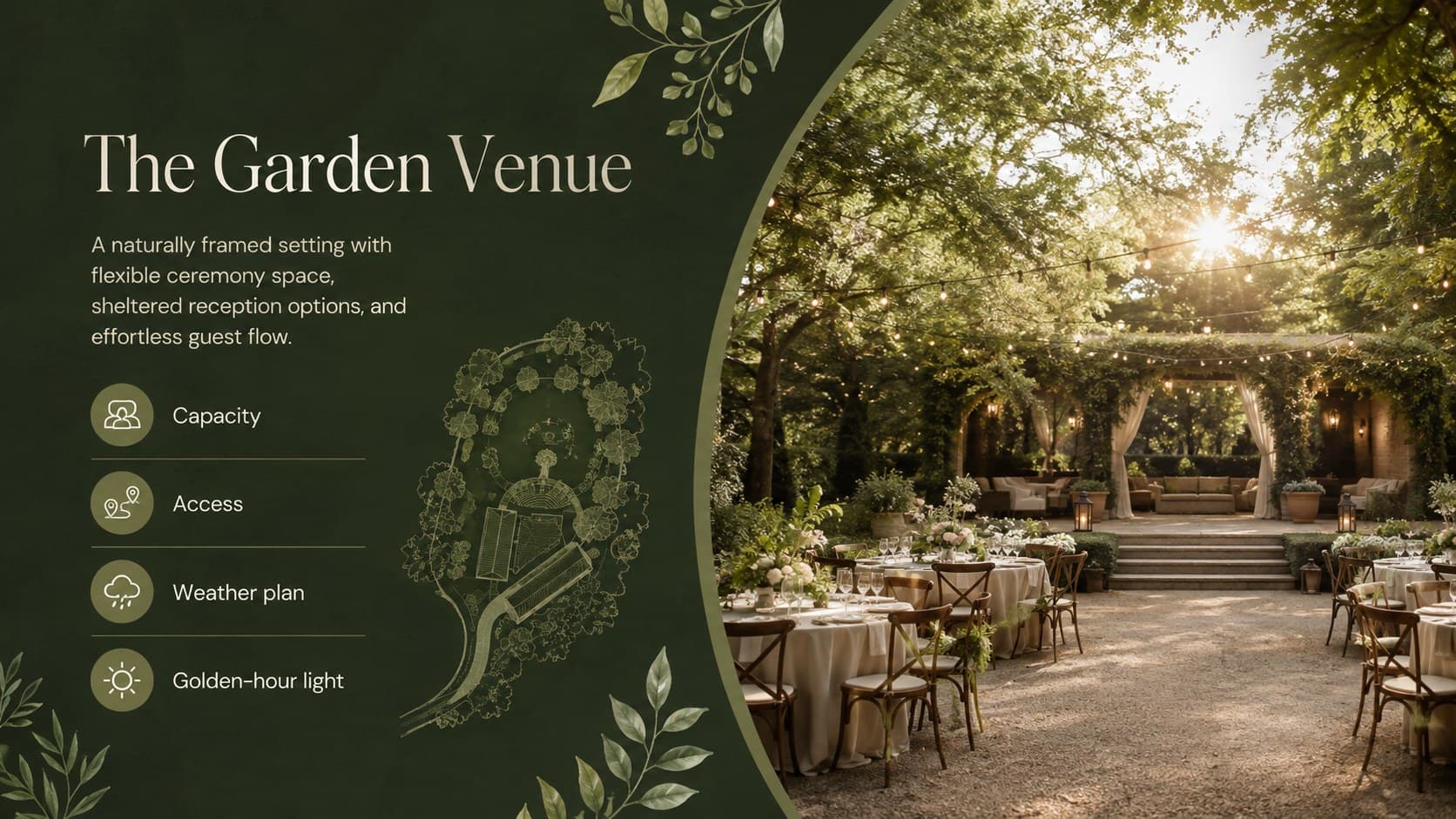 Wedding venue proposal presentation slide comparing practical features of an outdoor garden location.