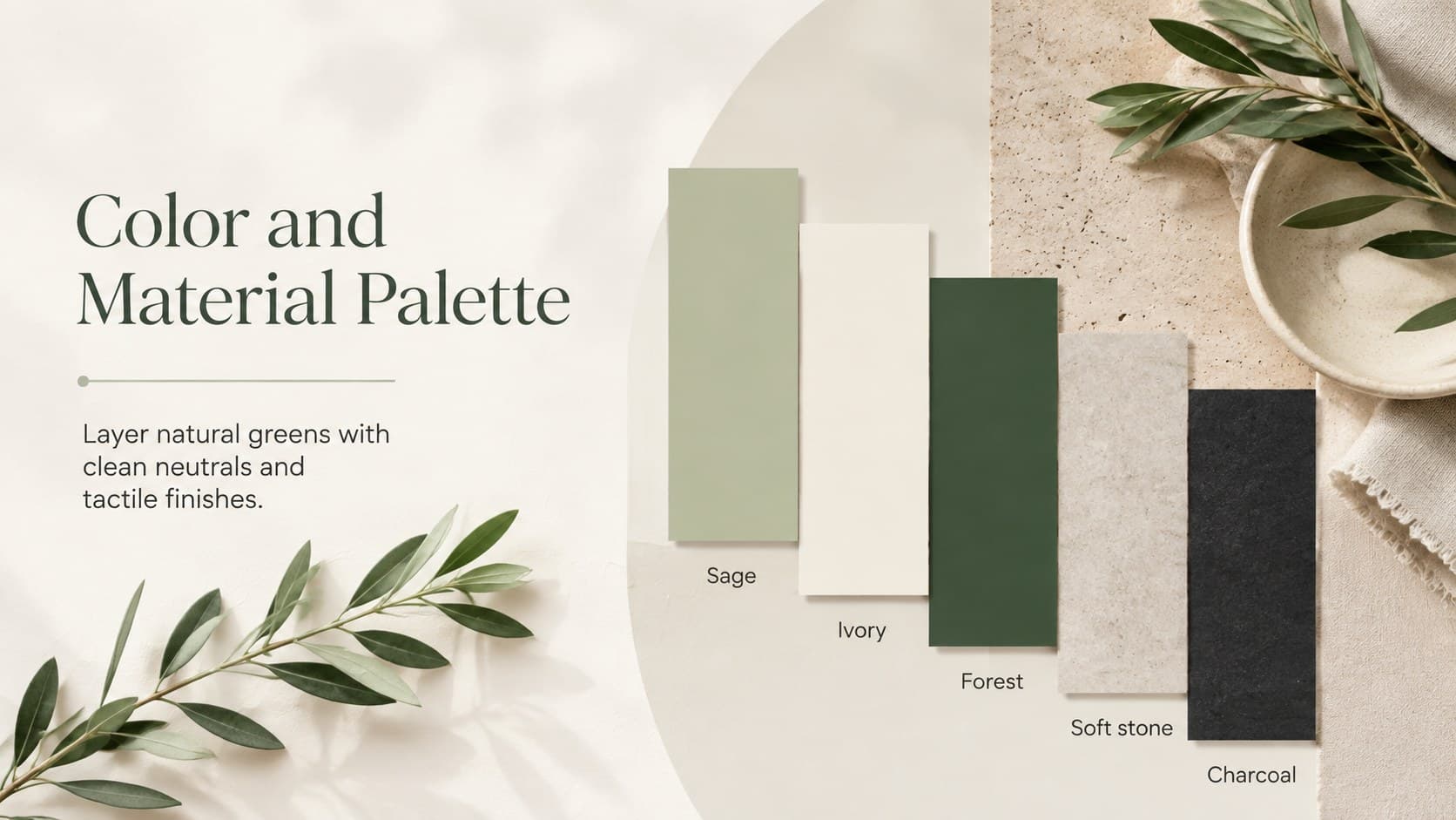 Green botanical wedding slides displaying a sage, ivory, forest, and charcoal color palette.