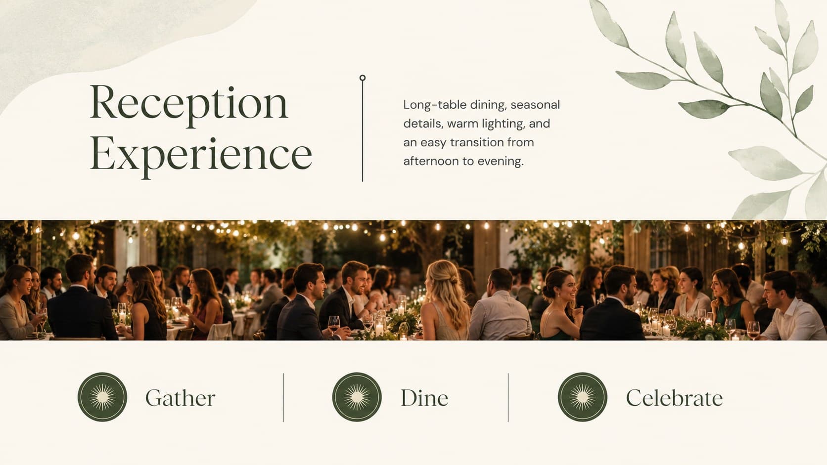 Garden wedding planning slide presenting the reception layout, dining atmosphere, and evening lighting.