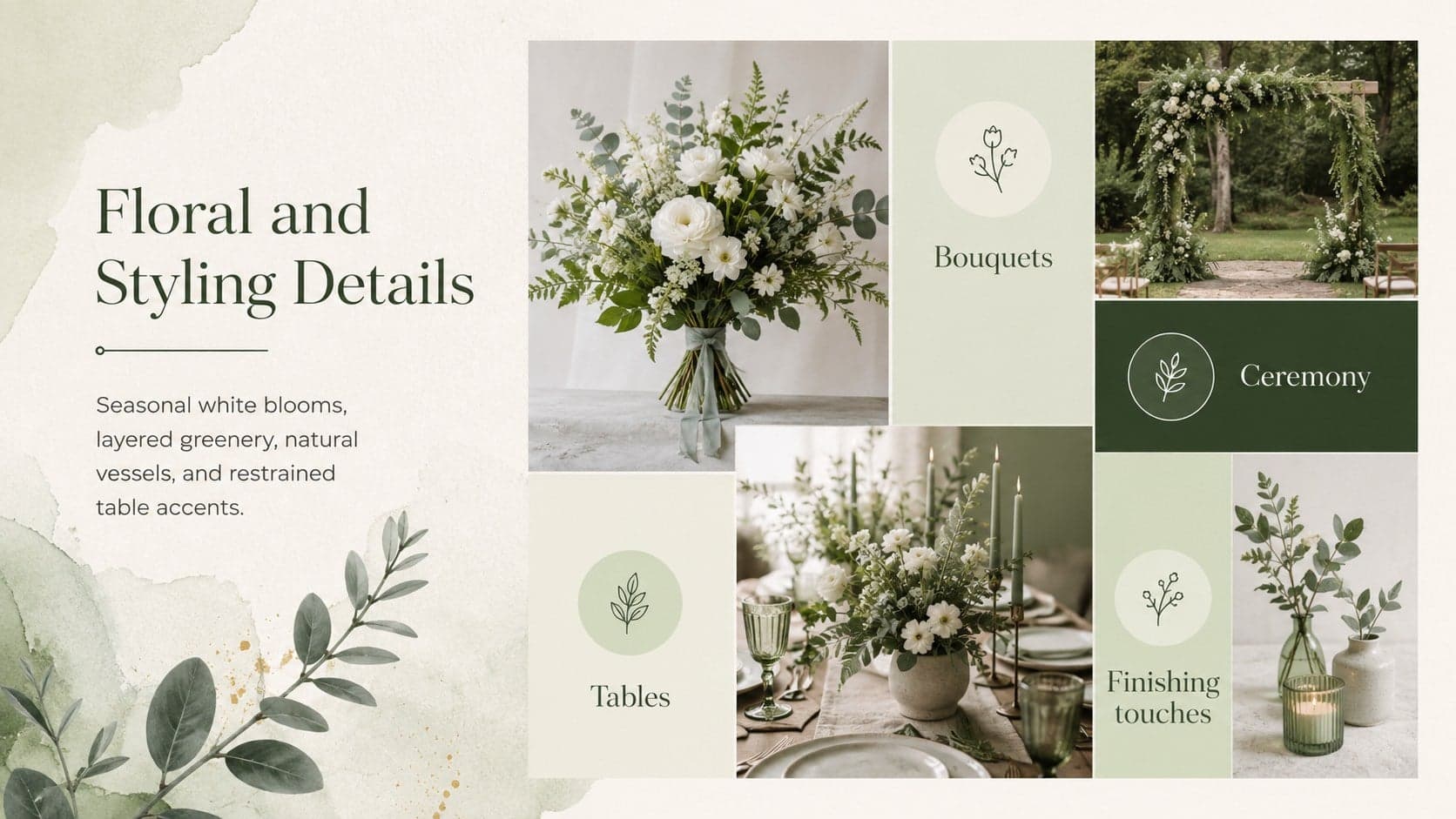 Nature inspired wedding planning template slide featuring seasonal flowers and layered greenery.