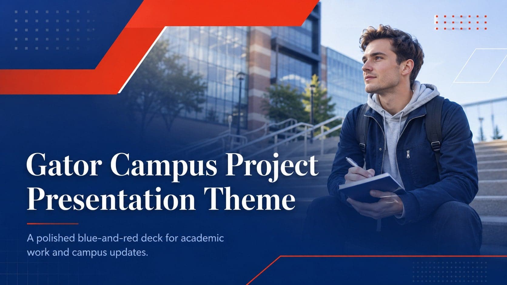 Cover of the Gator campus project presentation with bold blue-and-red collegiate typography.